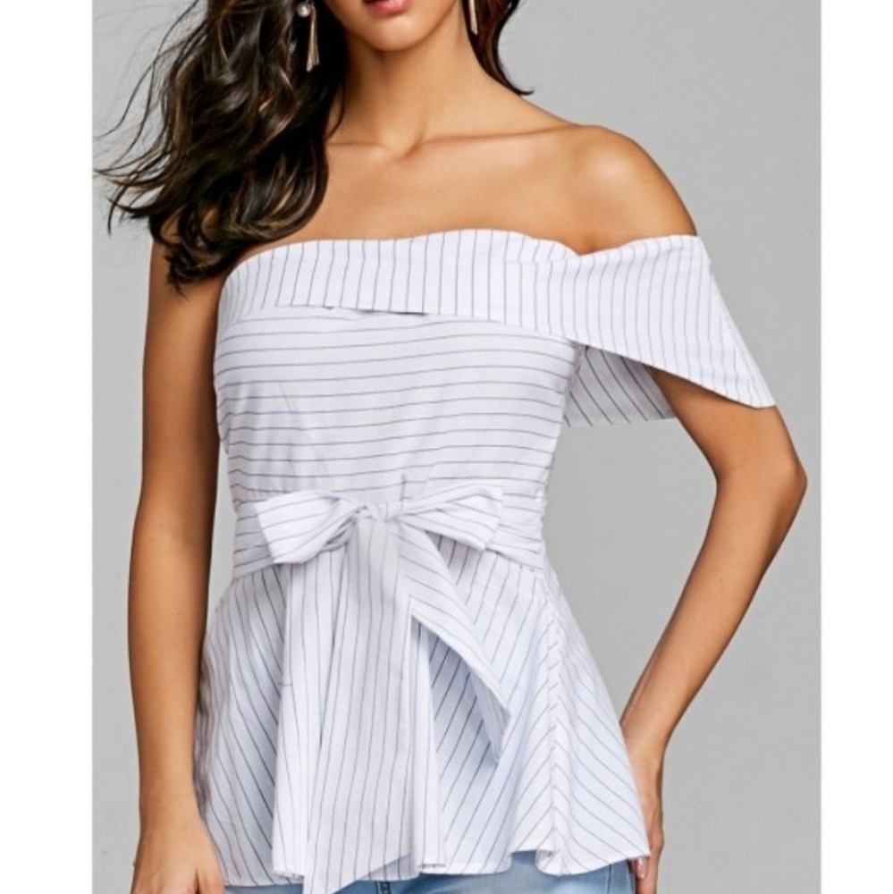 Off Shoulder Blouse White and Navy Blue Pinstripes